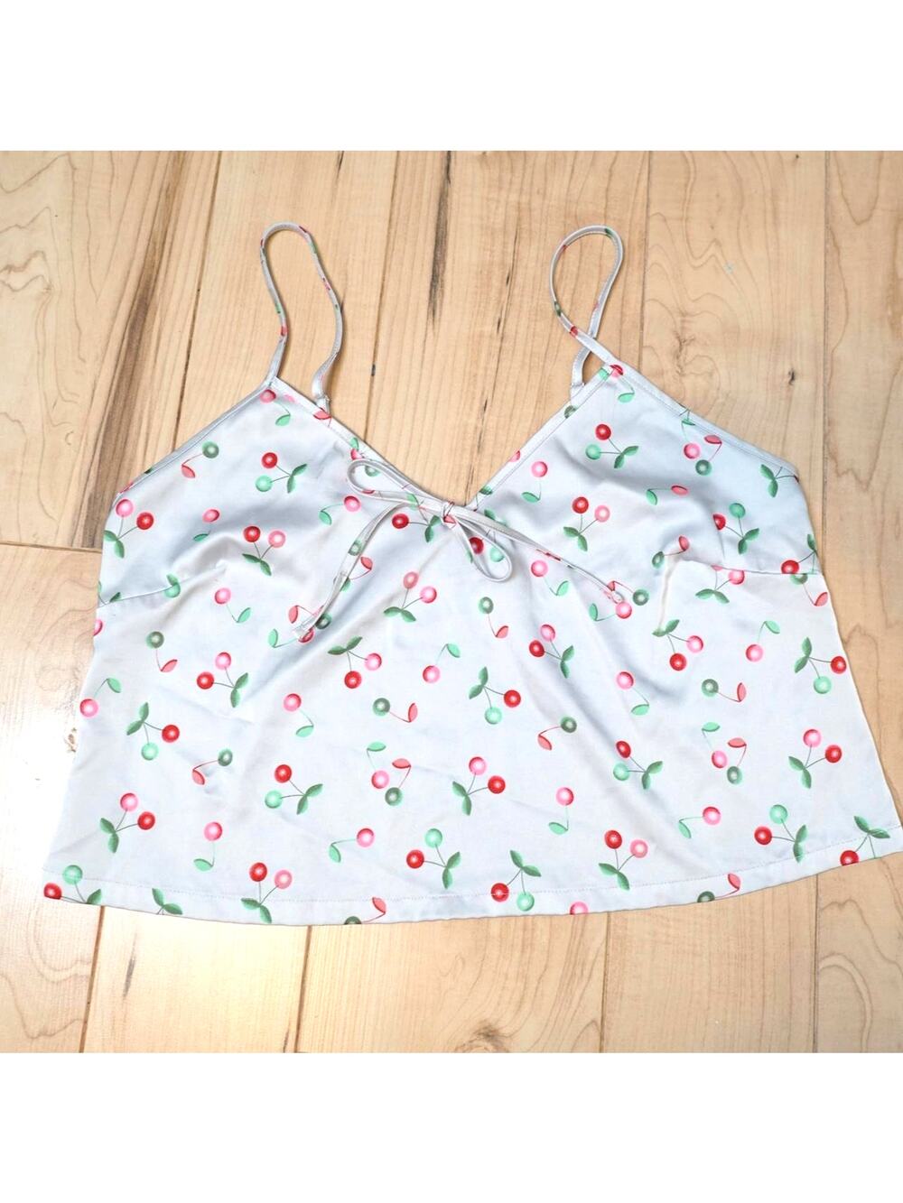 Colsie Cherry Print Satin Cami Top Coquette Bow Tie Front S